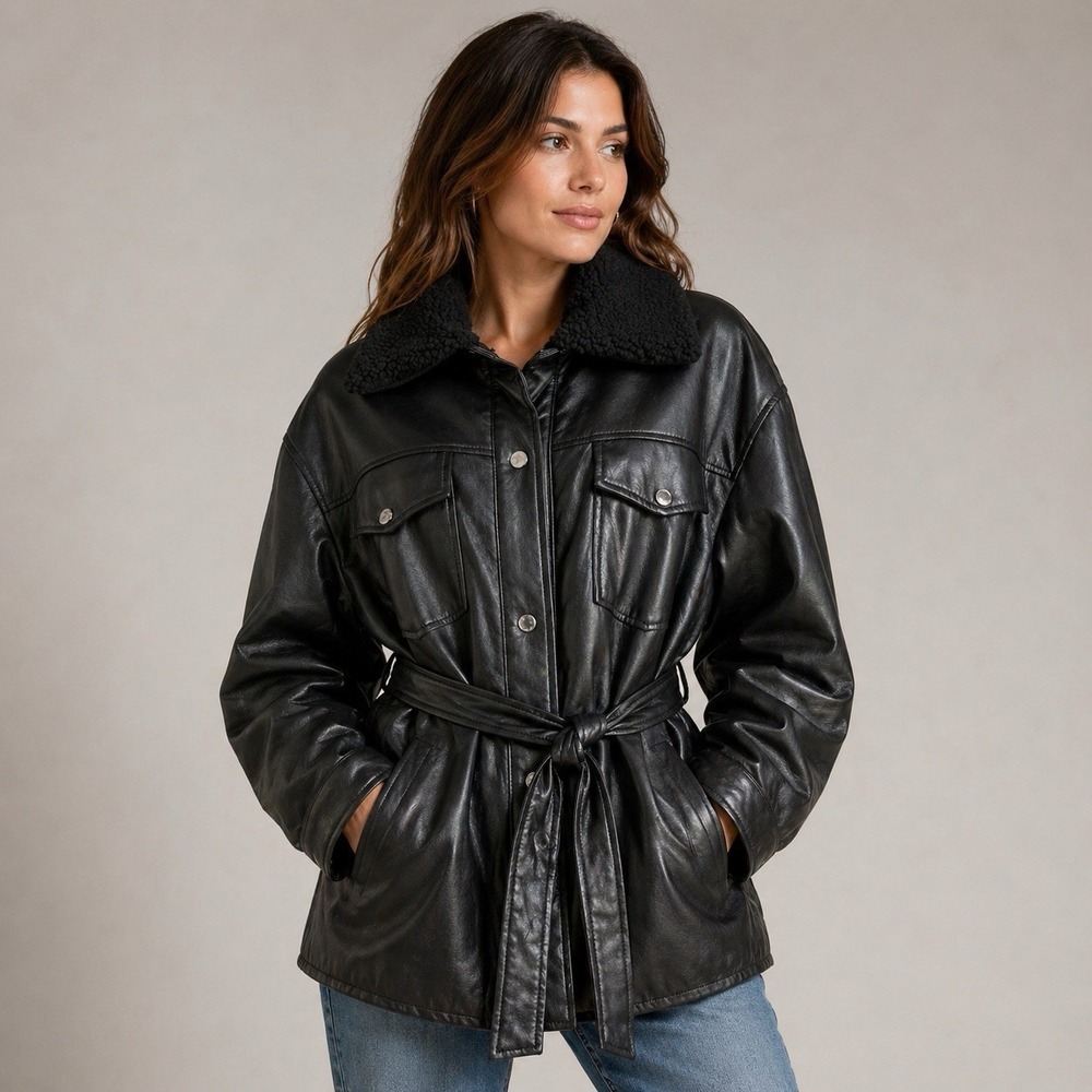 Kenneth Cole Women's Faux Leather Jacket Sz LG Belted Sherpa Collar Black